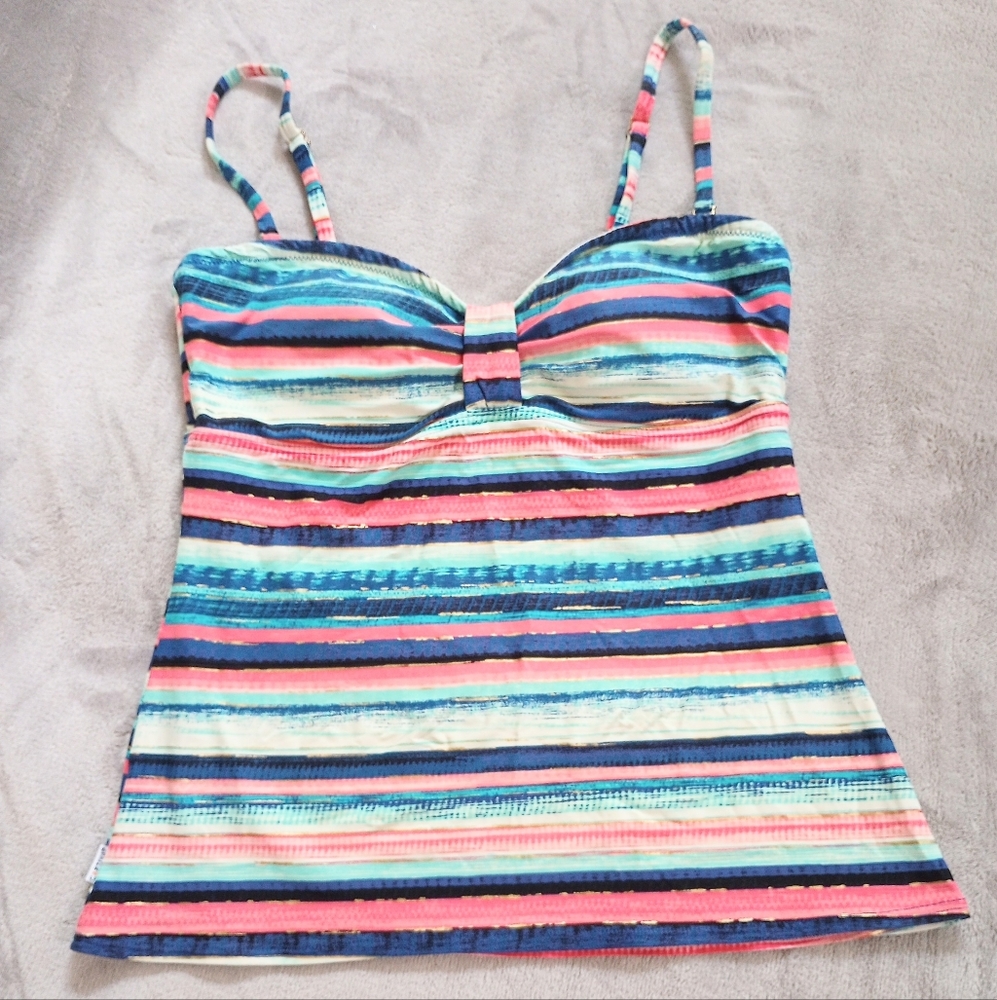 Captiva By Christina Gold & Blue Striped Tankini Swim Top Swimsuit Top M Medium